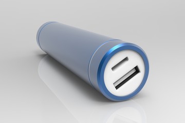Blue isolated cylinder power bank on white background. Mock up, 3D rendering