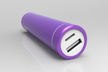 Violet isolated cylinder power bank on white background. Mock up, 3D rendering
