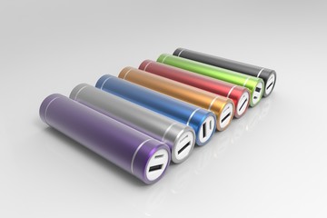 Seven colorful cylindric power banks isolated on white background. Violet, silver, blue, orange, red, green, black. 3D rendering