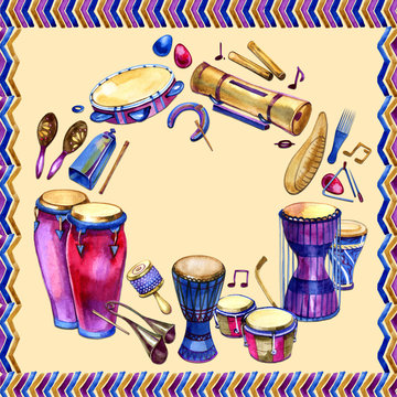 White round background with musical percussion instruments. Frame. Watercolor music illustration.