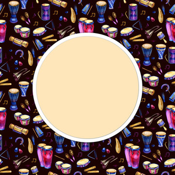 White round background with musical percussion instruments. Watercolor music illustration. Frame.