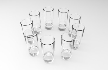 Nine transparent empty tequila shots on white background with ground reflections. 3D rendering