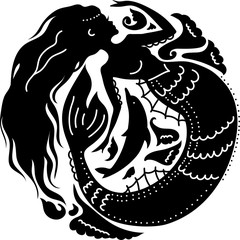 Silhouette mermaid with dolphin among waves. Isolated figure of girl from fairytale.