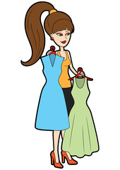 Fashion girl choosing dress/ Illustration a girl deciding between two dresses