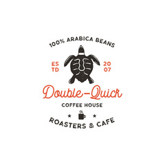 Roasters and cafe logo template with turtle, cup silhouette symbol. Wild animal icon. Coffee bar logotype, vintage hand drawn badge, label. Typography insignia. Stock isolated.
