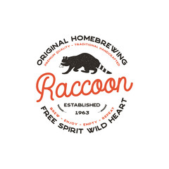 Wild animal badge with Raccoon and typography elements. Beer Logo template for brewing company. Stock beer house label, emblem with letterpress effect. Isolated on white