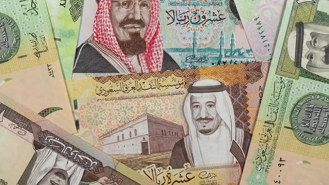 Saudi Arabia riyal banknotes rotation. Saudi arabian money. 4K UHD video clip