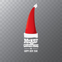 vector red Santa hat label isolated on transparent background with greeting text Merry Christmas. Cartoon merry christmas card, banner or xmas background. vector illustration