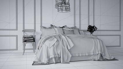 Unfinished project draft of vintage classic bedroom with soft bed full of pillows and blankets, white molded wall, wooden side chairs, elegant interior design
