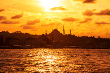 Silhouette of a Suleymaniye mosque at sunset.