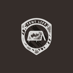 Vintage hand drawn adventure themed retro badge. Logo is perfect for T-Shirts, mugs, prints, branding projects, apparel design, greeting cards. Tent life quote. Stock isolated