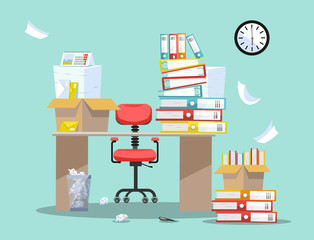 Period of accountants and financier reports submission. Office chair behind table with piles of paper documents and file folders in cardboard boxes on office table. Flat cartoon vector illustration