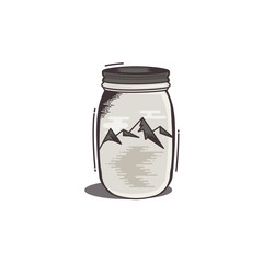 Travel T-Shirt Print. The mountains and river in jar design. Adventure silhouette printing, poster. Camping emblem, badge textured style. Hipster patch. Stock illustration