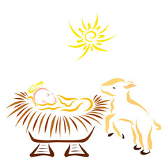 Holy Baby Jesus in a manger and a curious lamb, a star