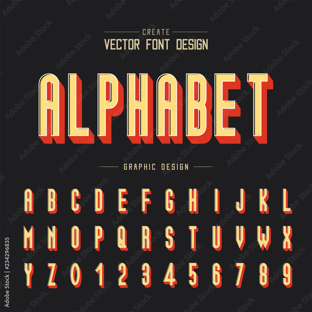 Poster 3d font and alphabet vector, shadow tall typeface letter and number design, graphic text on backgrou
