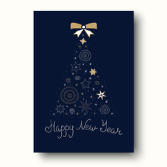 Blue Happy New Year greeting card with abstract Christmas tree.