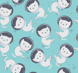 Fun cat astronaut in space seamless pattern. Vector cartoon charters. Editable vector illustration.