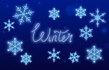 Fototapeta na wymiar Blue winter seasonal background with shiny neon snowflakes.