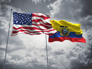 United States of America, USA & Ecuador Flags are waving in the sky with dark clouds