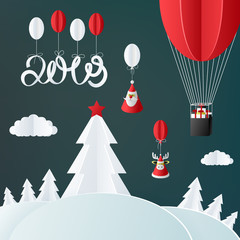 Happy New Year 2019 greeting card with paper Christmas decorations.