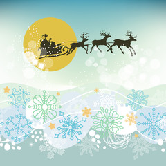 Christmas eve scene, Santa Claus sleigh silhouette on the sky in the moonlight