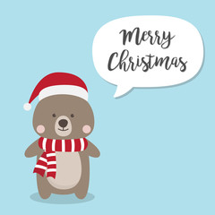 Christmas Bear cartoon character, A Cute Brown Teddy Bear with santa claus hat.