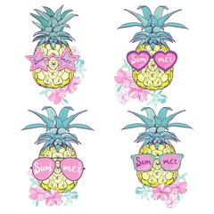 pineapple with glasses design, exotic, background, food, fruit, illustration nature pineapple summer tropical vector drawing fresh