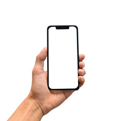 Male hand holding a modern smartphone with blank screen, notch - obrazy, fototapety, plakaty