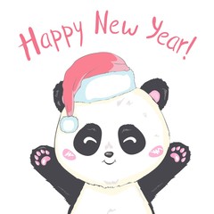 Cute panda in Santa's hat in red bag with gifts vector image isolated. Cartoon panda bear gets out of Santa Claus's sack. Funny bearcat Children's Xmas design. Merry Christmas and Happy New Year mood.
