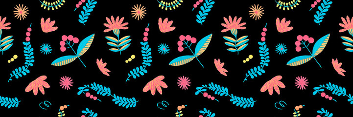 Folklore herbal background seamless flowers pattern.