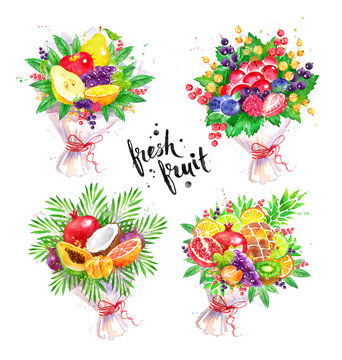 Watercolor set of fresh fruit Bouquet