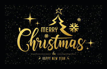 Merry Christmas message golden at star night background, vector illustration
