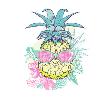 pineapple with glasses design, exotic, background, food, fruit, illustration nature pineapple summer tropical vector drawing fresh
