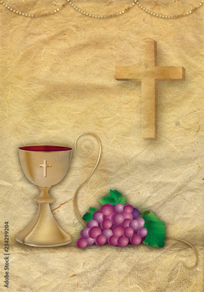 Wall mural Card Christian symbols with 3d grapes and chalice. Golden ornaments - Wall murals