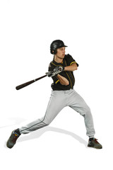 The fit caucasian man baseball player playing in studio. silhouette isolated on white background