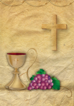 Card Christian symbols with 3d grapes and chalice. Golden ornaments