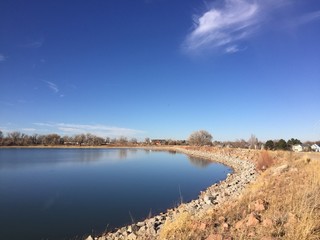 landscape with lake and blue sky