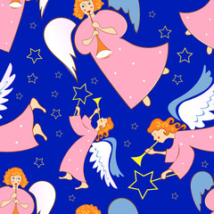 Angels. Christmas festive seamless pattern for packaging, wrappers, holidays, fabrics and light industry. Vector image.