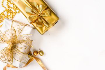 Topv view of golden Christmas gift boxes