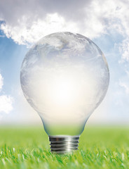 light bulb in the grass and blue sky eco concept.