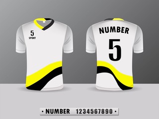 Black and yellow football club t-shirt sport design template. Front and back view. Vector Illustration EPS10.