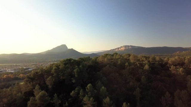 Autumnal aerial view of Pic Saint Loup at sunset, Occitanie, France