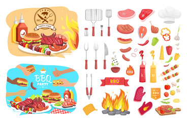 BBQ Party Poster Icons Set Vector Illustration