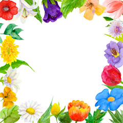 Obraz premium Watercolor illustration of garden and wildflowers combined into a frame. Greeting card, banner and invitation template.
