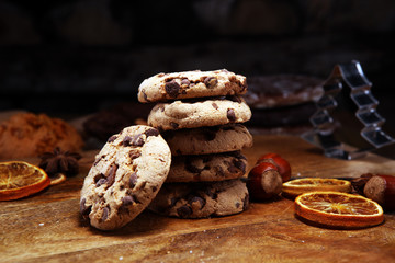 Chocolate cookies on wooden table. Chocolate chip cookies shot