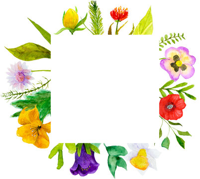 Watercolor illustration of garden and wildflowers combined into a frame. Greeting card, banner and invitation template.