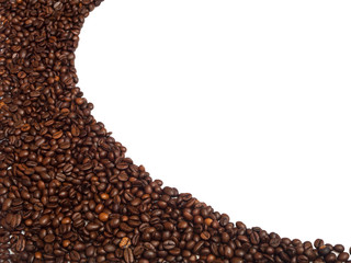 Isolated coffee beans arrange in curve line shape for background and texture. Copyspace