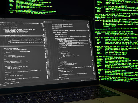 Web breaching. Hacker looking for backdoors and exploiting vulnerability. Black and white code on the laptop with virus green coding on the background. Computer crime concept