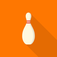 Bowling pin icon with long shadow on orange background, flat design style