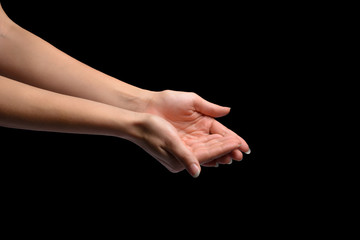 female hands holding something in a handful. Isolated